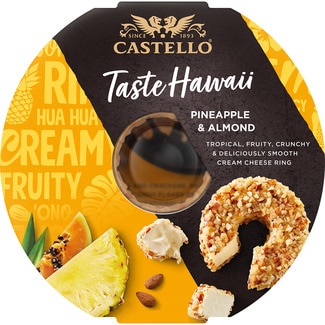 CASTELLO Taste Hawaii queso danés de vaca con piña elaborado con leche pasteurizada peso aproximado pieza 1 kg