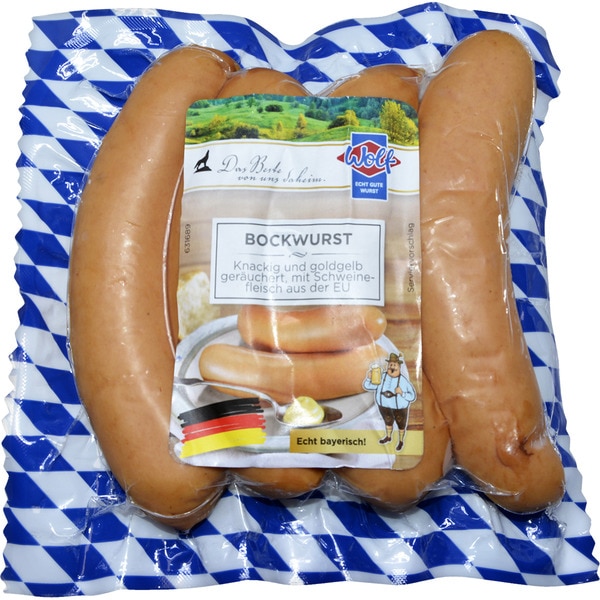 WOLF salchichas Bockwurst cocidas y ahumadas de cerdo en tripa natural 4 piezas envase 400 g sin gluten sin lactosa