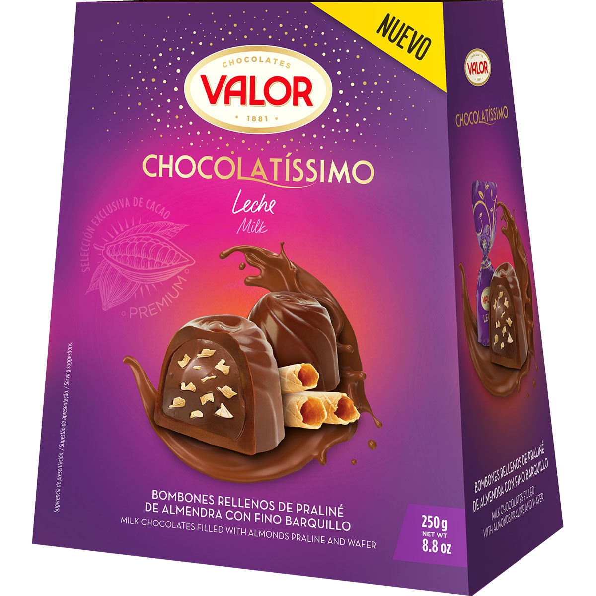Chocolatíssimo bombones de chocolate con leche rellenos de praliné de almendra y barquillo