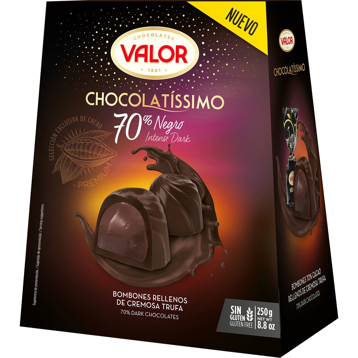 Chocolatíssimo 70 dark chocolates with truffle filling glutenfree case 250 g · VALOR