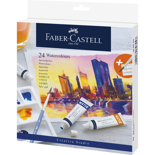 Estuche de Cartón con 24 tubos de Acuarela con Paleta de Mezclas Faber-Castell.
