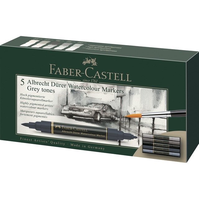 Estuche con 5 Marcadores Acuarelables Albert Dürer Grises Faber-Castell.