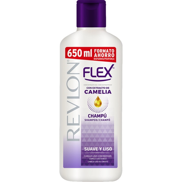 FLEX champú Suave y Liso con extracto de camelia para cabellos lisos o encrespados frasco 650 ml  formato ahorro