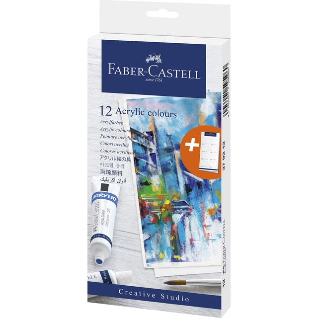 Estuche de Cartón de 12 Tubos Color Acrílico con Tarjeta de Muestra Faber-Castell.