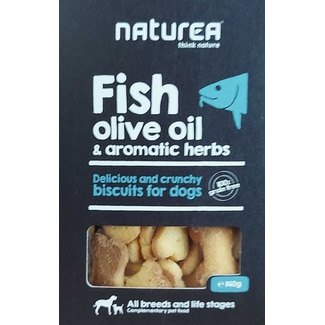 Snacks Dog Biscuits Fish, Olive Oil e Aromartic Herbs embalagem 140 g