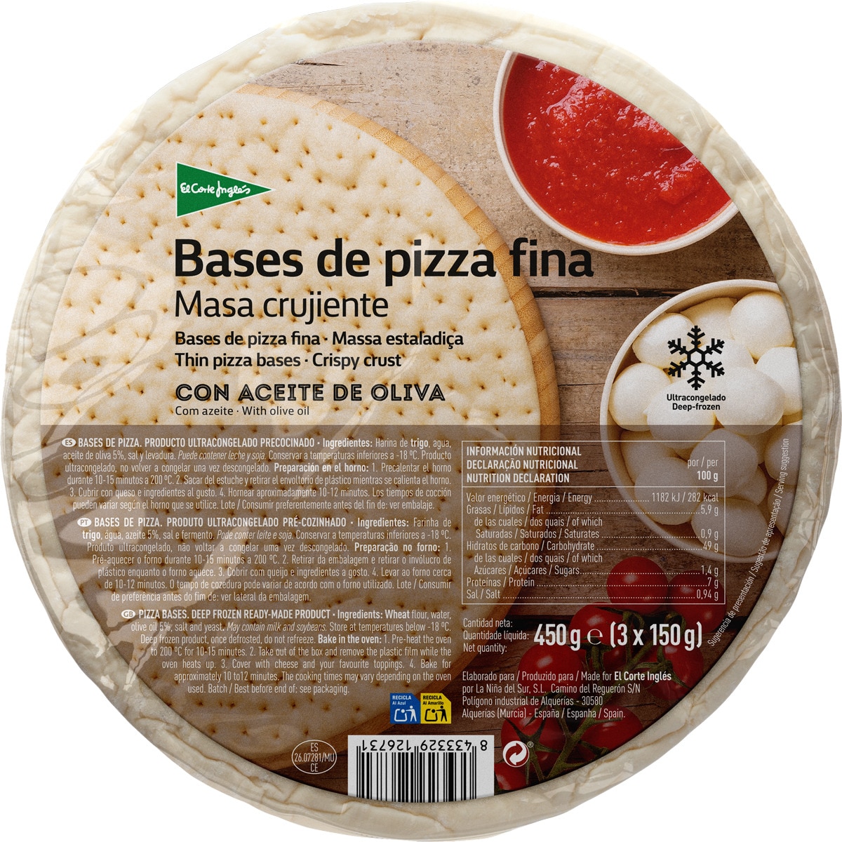 Bases de pizza fina 3 unidades envase 450 g · EL CORTE INGLES