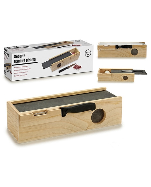 Caja madera fiambres con pizarra y cuchillo