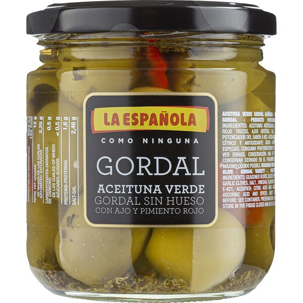 LA ESPAÑOLA aceitunas verdes gordal sin hueso con ajo y pimiento rojo frasco 155 g neto escurrido