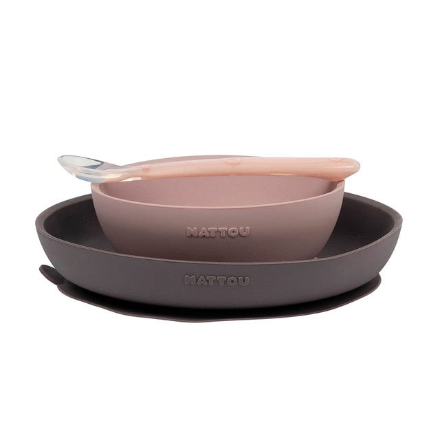 Vajilla 3 piezas Nattou de silicona rosa/gris