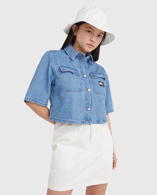 Women's short sleeve denim shirt with pockets. · Women's fashion · El