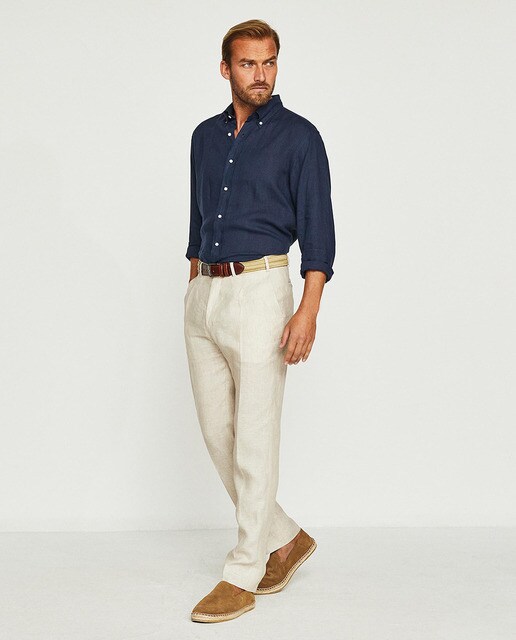regular-fit beige formal linen trousers 