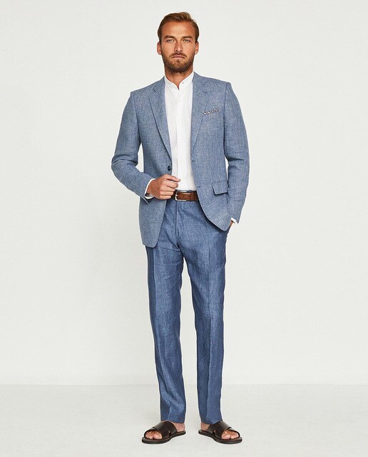 regular-fit blue formal linen trousers 