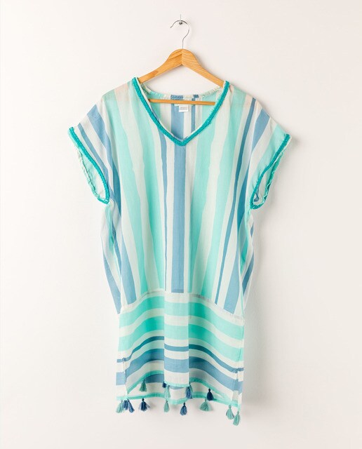 Caftan en coton à imprimé rayé turquoise