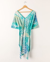 Caftan en coton à imprimé tropical turquoise