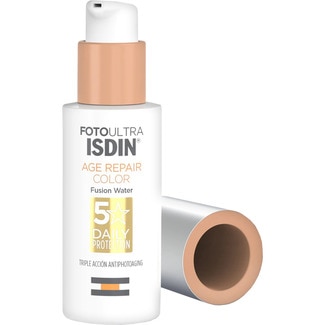 ISDIN Sonnenschutz für das Gesicht FotoUltra Age Repair Color Fusion Water SPF50 hoher Schutz Dosierspender 50 ml Dreifachwirkung, für jeden Hauttyp