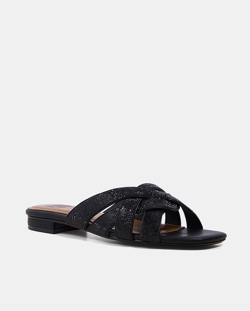 Sandalias de tacón de mujer en color negro con tiras strass