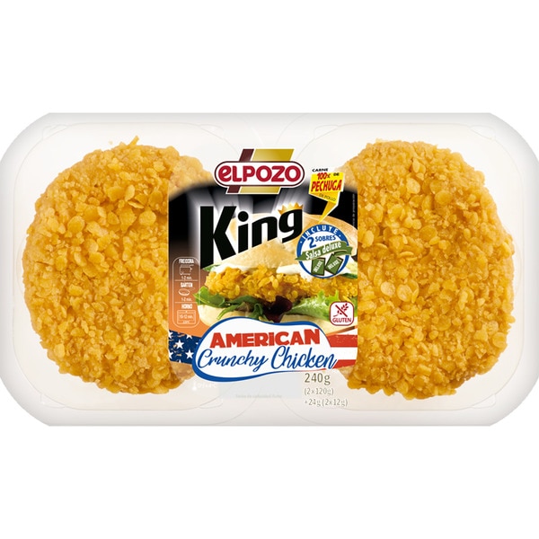 ELPOZO King UPP Crunchy Chicken burger meat de pollo 2 unidades x 120 g sin gluten bandeja 240 g incluye 2 sobres de salsa Deluxe
