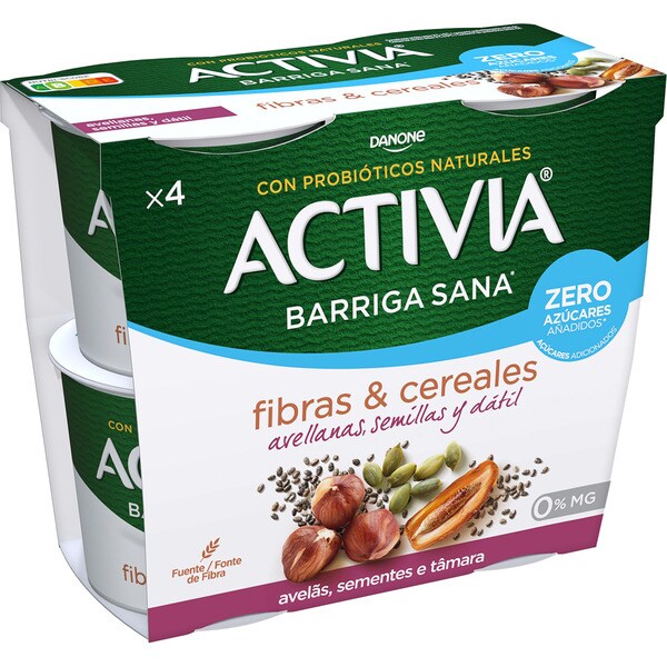 DANONE ACTIVIA Fibras & Cereales bífidus de avellanas, semillas y dátil desnatado 0% m.g.    o% azúcares añadidos  pack 4 unidadees 115 g