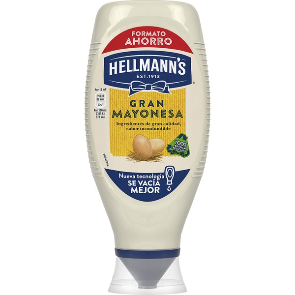 HELLMANN'S mayonesa bocabajo sin gluten formato ahorro envase 750 ml