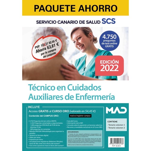 "Paquete ahorro técnico en cuidados auxiliares de enfermería del servicio canario de salud. Ahorra 63,81 € (incluye temario (Tapa blanda)"