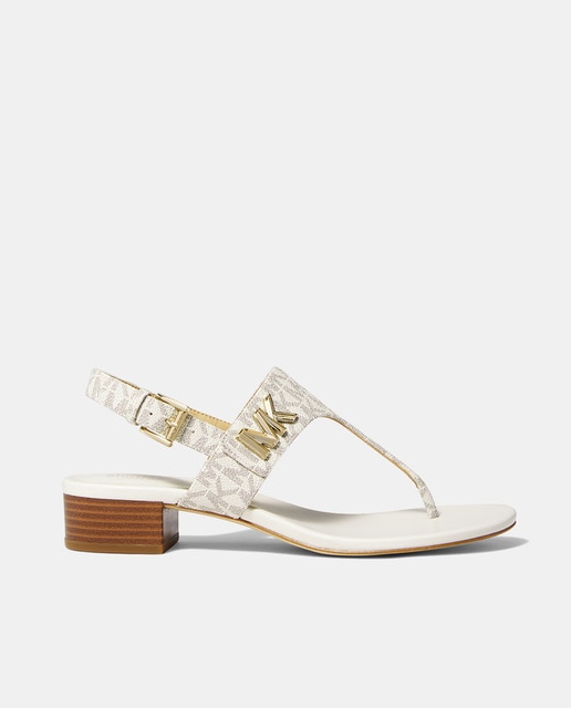Sandalias de mujer en beige con aplique de logotipo dorado y tacón bloque