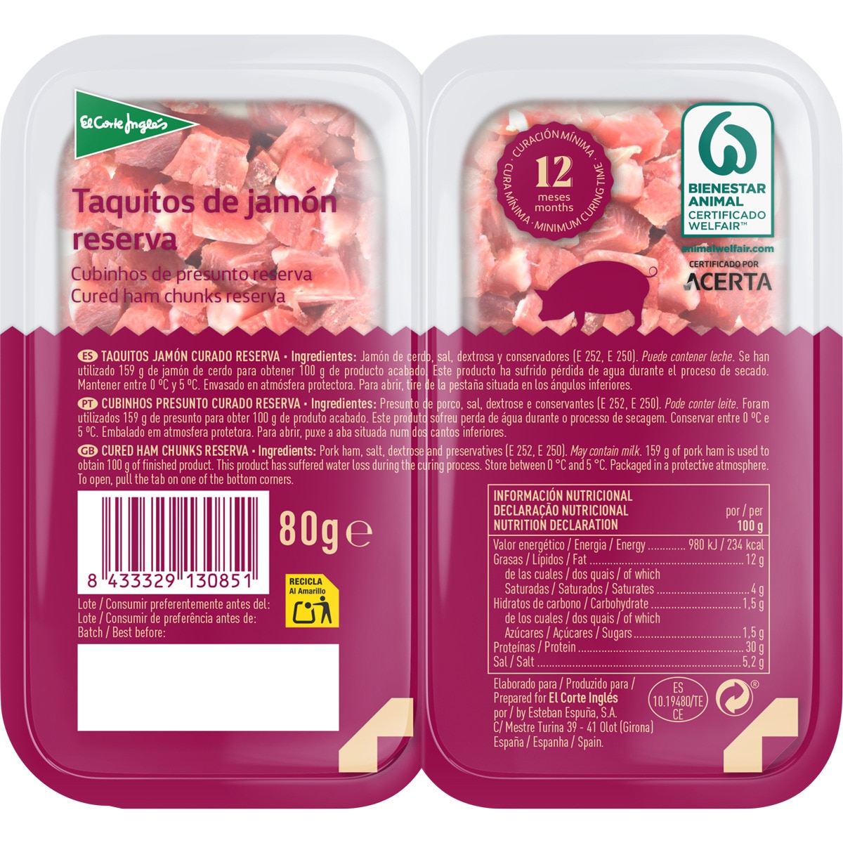 Taquitos de jamón Reserva curación mínima 12 meses pack 2 x 40 g envase