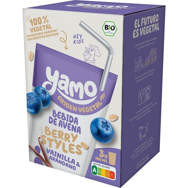 YAMO Berry Styles bebida ecológica de avena sabor vainilla y arándanos desde 3 años pack 3 x  180 ml
