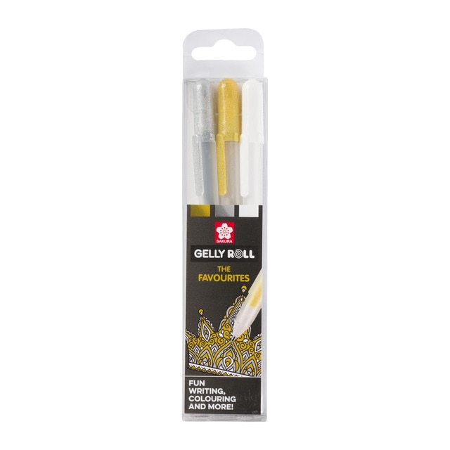 Set 3 Rotuladores de Gel Metálicos Gelly Roll Sakura Oro, Plata y Blanco.