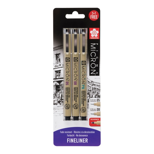 Set de 2 micron punta fina de grosor 05 y 08 + punta de plástico Sakura negro.