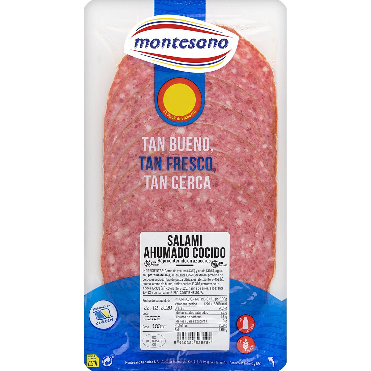 Cooked smoked sliced salami glutenfree and lactosefree container 100 g · MONTESANO