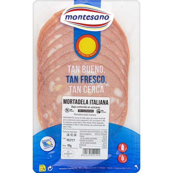 Sliced Italian mortadella, glutenfree and lactosefree container 100 g