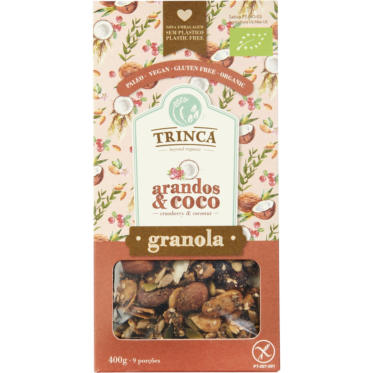Granola com Arandos e Coco Biológica sem Glúten embalagem 400 g