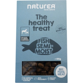 Naturea The Healthy Treat Snack para Cão de Peixe Semi-Húmido sem Glúten embalagem 100 g