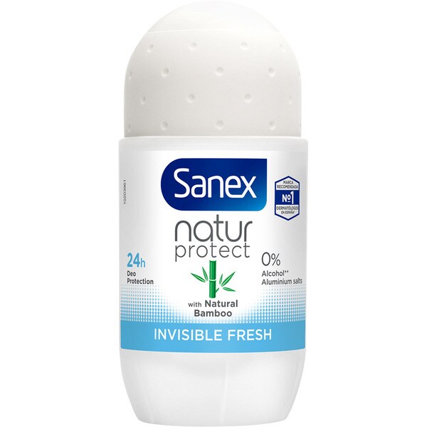 SANEX Natur Protect desodorante roll-on Invisible Fresh con Natural Bamboo 24h envase 50 ml 0% alcohol ni sales de aluminio