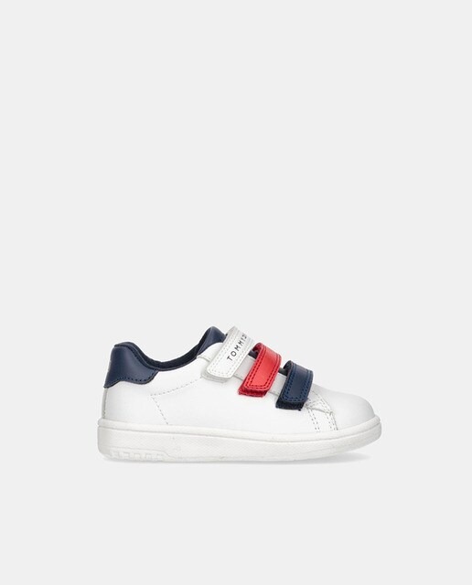 Chaussures basses bébé garçon blanches style compensées avec trois bandes auto-agrippantes de différentes couleurs