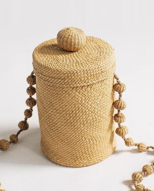 Bolso cubo mini de hoja palma en topo con tapeta