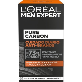 L'OREAL MEN EXPERT crema de día Cuidado diario anti-granos Pure Carbon dosificador 50 ml con minerales volcánicos + ácido salicílico