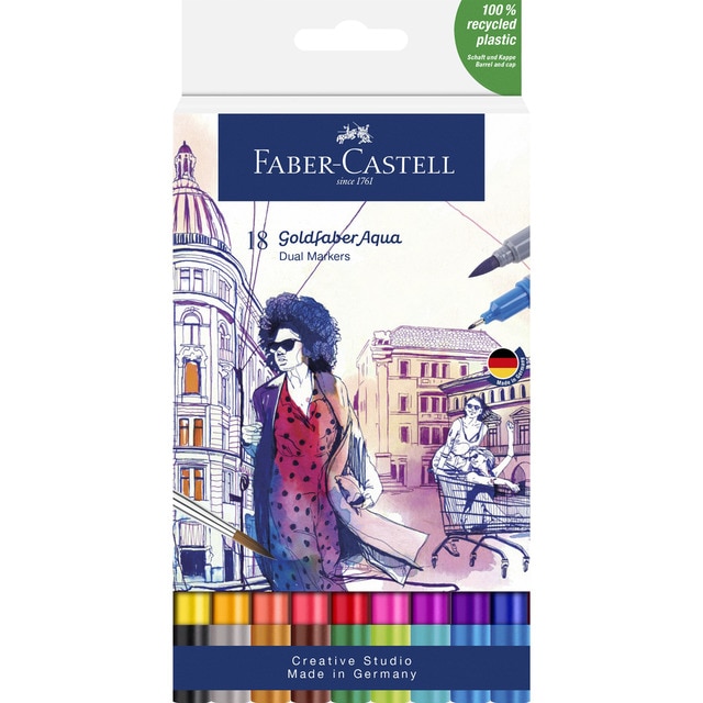 Estuche 18 Rotuladores Doble Punta Acualerable GoldFaber Aqua Dual Marker Faber-Castell Multicolor.