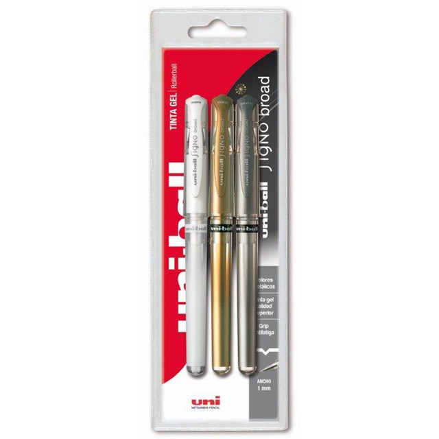 Pack 3 Rollerball Signo Broad Uni-Ball Oro, Plata y Blanco.