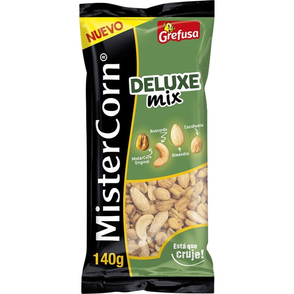 GREFUSA MISTER CORN Deluxe Mix maíz frito sabor barbacoa, cacahuetes, almendras y anacarlos fritos con sal bolsa 140 g