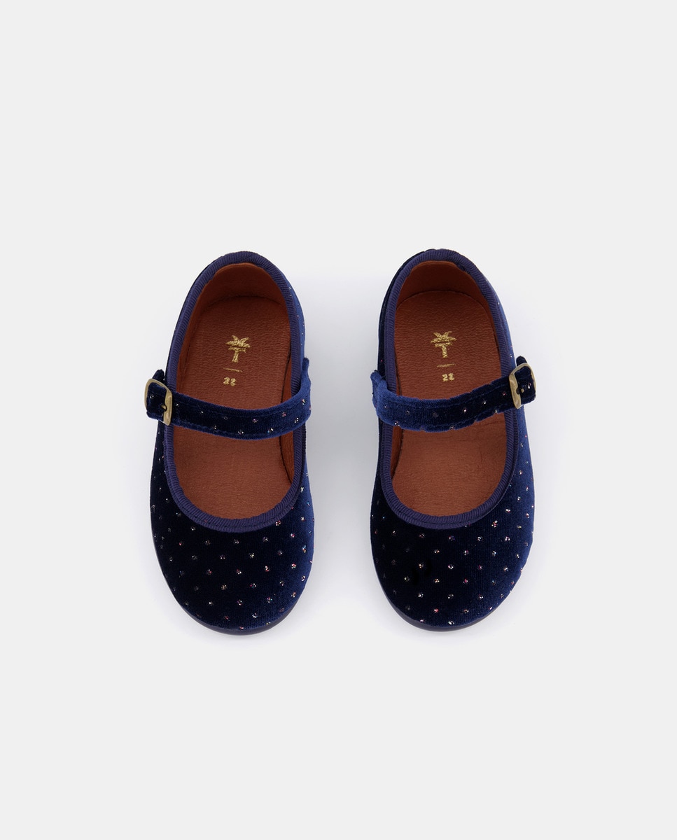 Girls' navy blue velvet Mary Janes with polka dot detailing · Children