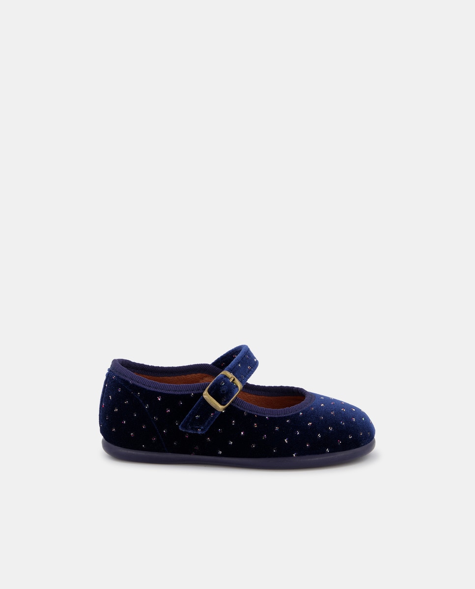 Girls' navy blue velvet Mary Janes with polka dot detailing · Children