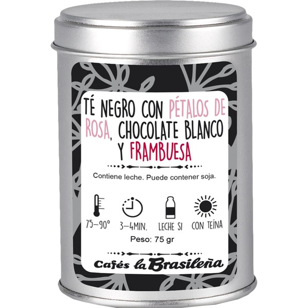 CAFES LA BRASILEÑA té negro con pétalos de rosa, chocolate blanco y frambuesa con teína lata 100 g 