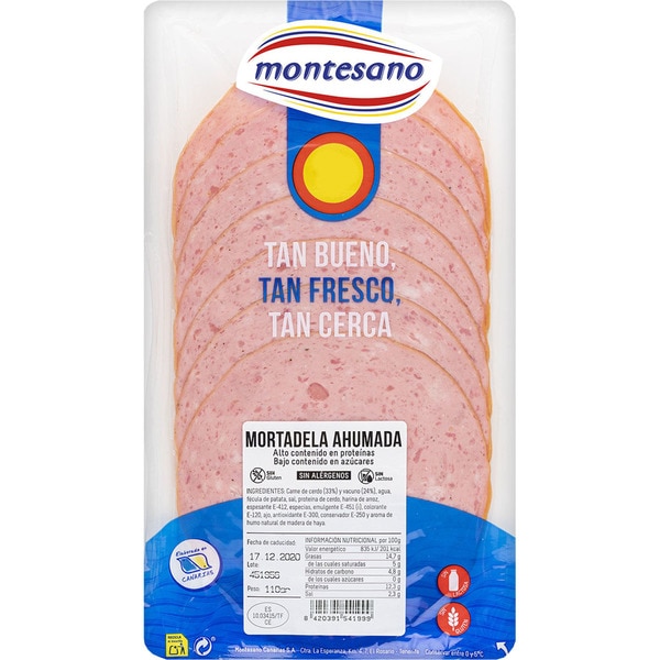 Mortadela ahumada en lonchas sin gluten sin lactosa envase 100 g