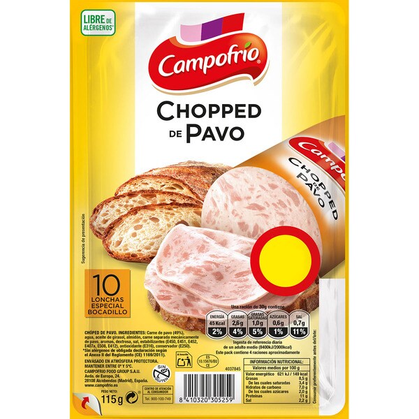 Chopped turkey slices for rolls glutenfree container 115 g · CAMPOFRIO