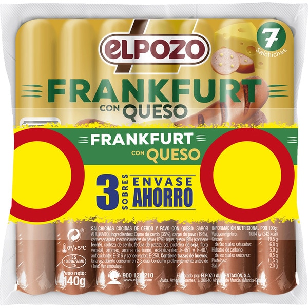 ELPOZO salchichas Frankfurt cocidas de cerdo y pavo con queso pack 3 x 140 g envase 420 g sin gluten sin lactosa