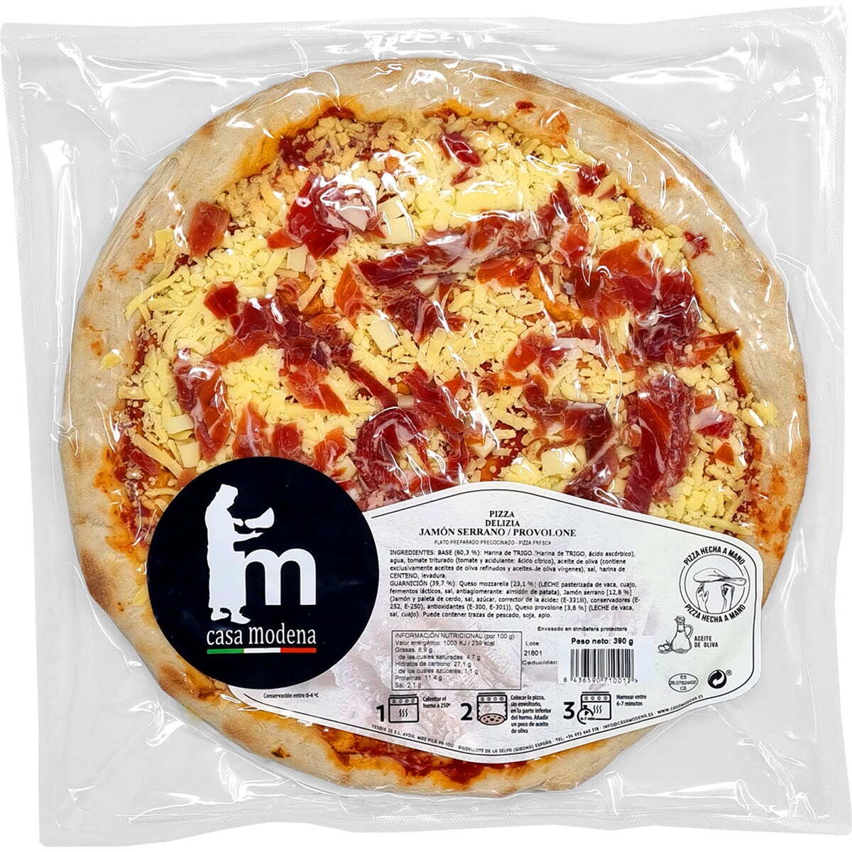 Pizza delizia with serrano ham and provolone container 390 g · CASA