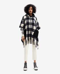 Check print poncho with fur
