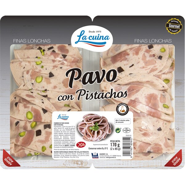LA CUINA fiambre de pavo cocido con pistachos en lonchas finas sin gluten envase 170 g