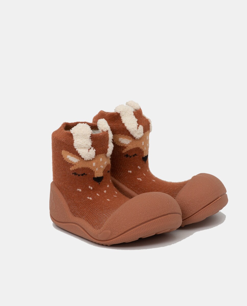 Pantufas de Bebé com Desenho de Veado e em Algodão - Castanho Attipas Castanho-3
